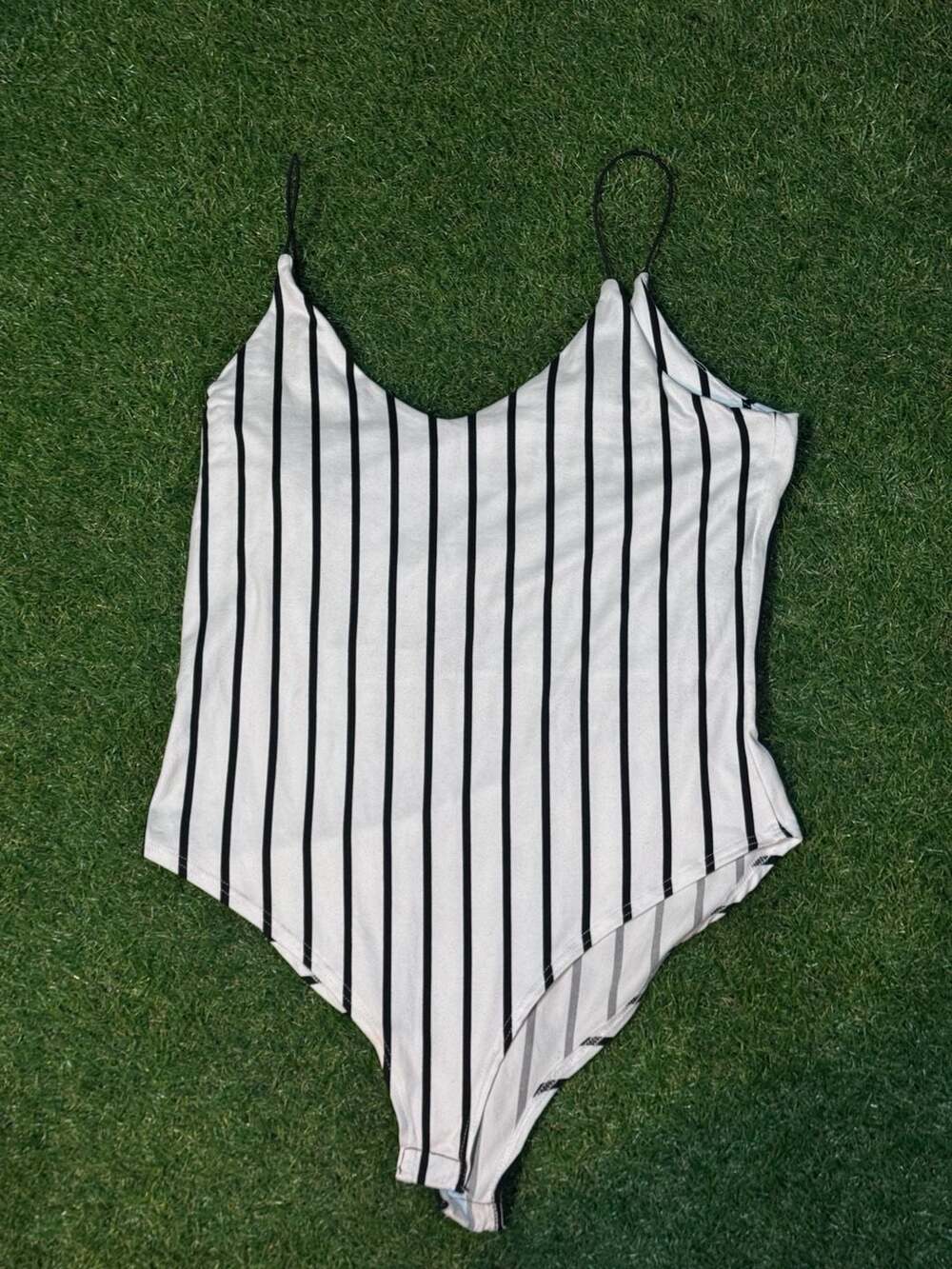 Gaze Black and White Striped V-Neck Bodysuit with Spaghetti Straps